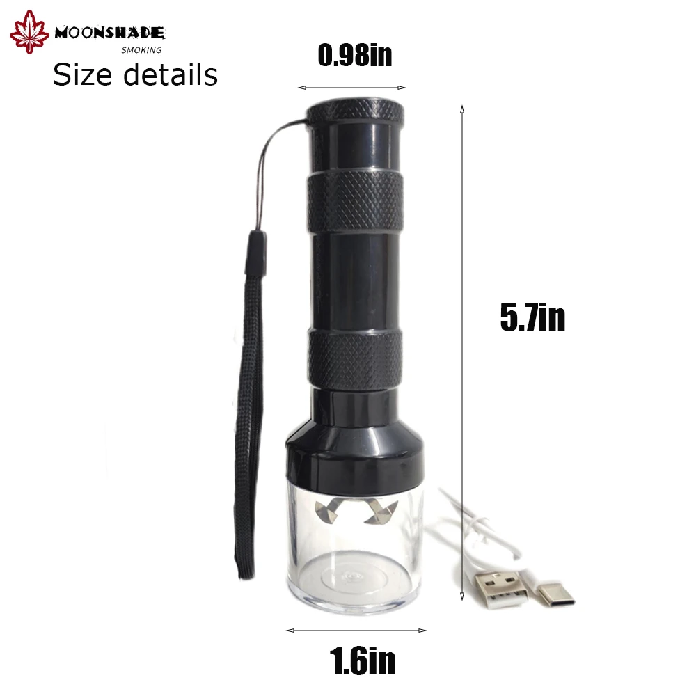 MOONSHADE Flashlight Shape Tobacco Grass Pro Grinder with USB Rechargeable Function Smoke Crusher Machine Smoking Accessories