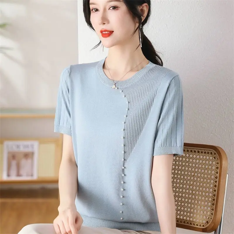Fashionable Color Block Loose Fit round Neck Short Sleeve T-Shirt Elegant Personality Knitted Top for Mom Summer Style Q485