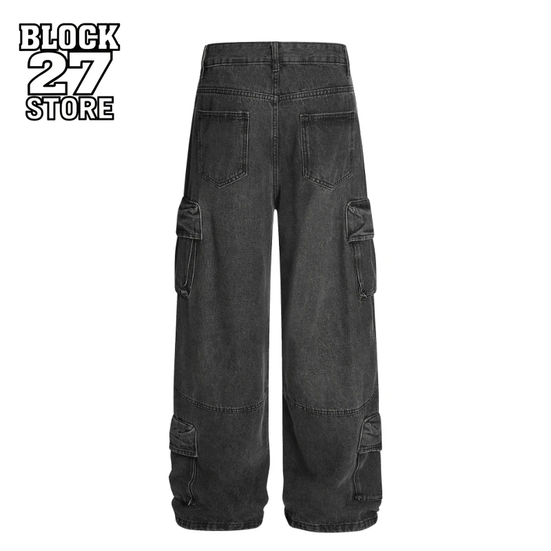 New Y2K Gothic Multi Pocket Cargo Jeans Men Baggy Straight Streetwear Mid Waist Casual Fashion Trousers Harajuku Hip Hop Unisex
