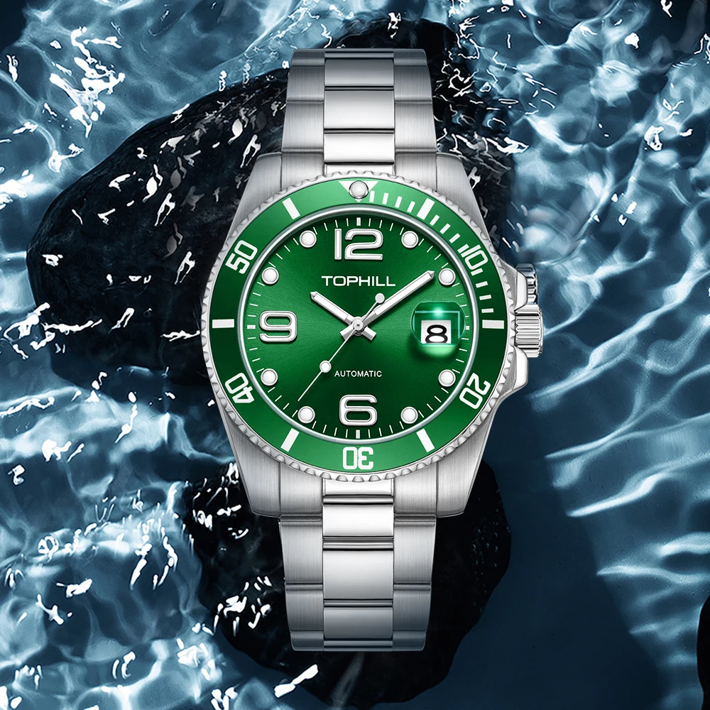 TOPHILL Men Watches Automatic 40mm Dandong 2820 Aluminum Bezel 3H Cyclops Date 3ATM C3 Luminous Reloj Hombre TD006G