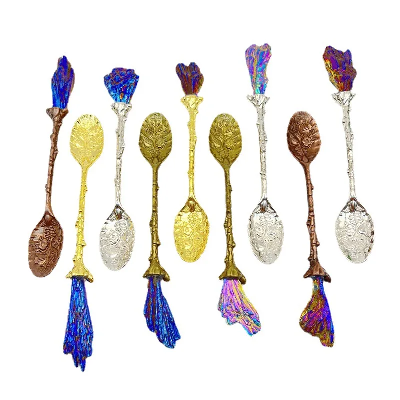 Exquisite Ice Cream Decor Spoon Inlaid Natural Crystal Black Tourmaline Electroplated Peacock Blue Flame Feather Cluster Ore 1pc