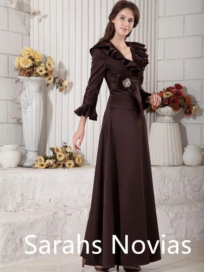 A-line Long Chocolate Satin Mother Of The Bride Dresses With Sleeves v Neck Ruffles Plus Size Dress For Bride's Mother Wedding