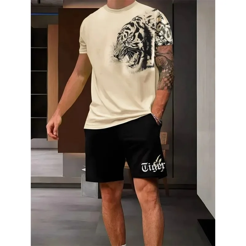 2025 Hot Selling Fashionable Men's 3D Printed Lion Print Round Neck T-shirt Shorts Set Outdoor Casual Top Two-piece Set
