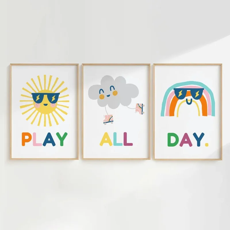 Play All Day Wall Art, Set of 3 Prints, Playroom Art, Playroom Prints, Playroom Wall Decor, Playroom Posters, Kids Playroom Art