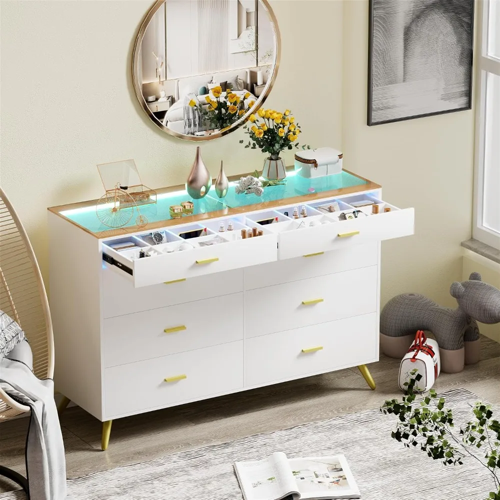 White Dresser with LED Lights for Bedroom,8 Drawer Dressers with Tempered Glass Top,Chests of Drawers with 2 Grid Drawe