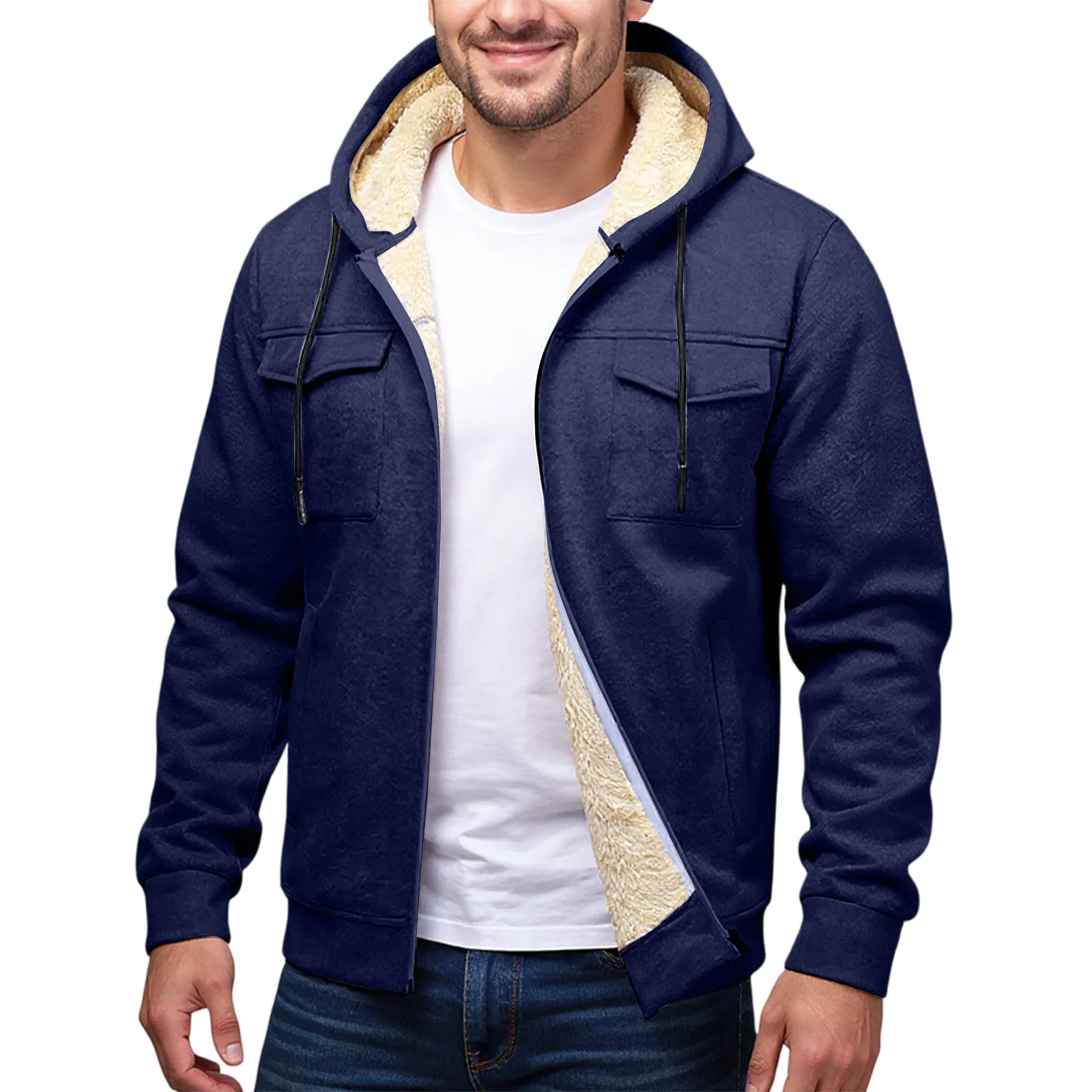 

Мужская термокуртка с капюшоном на шнурке и длинным рукавом, однотонная куртка с карманами, застежка-молния, спортивное пальто с плюшевой подкладкой