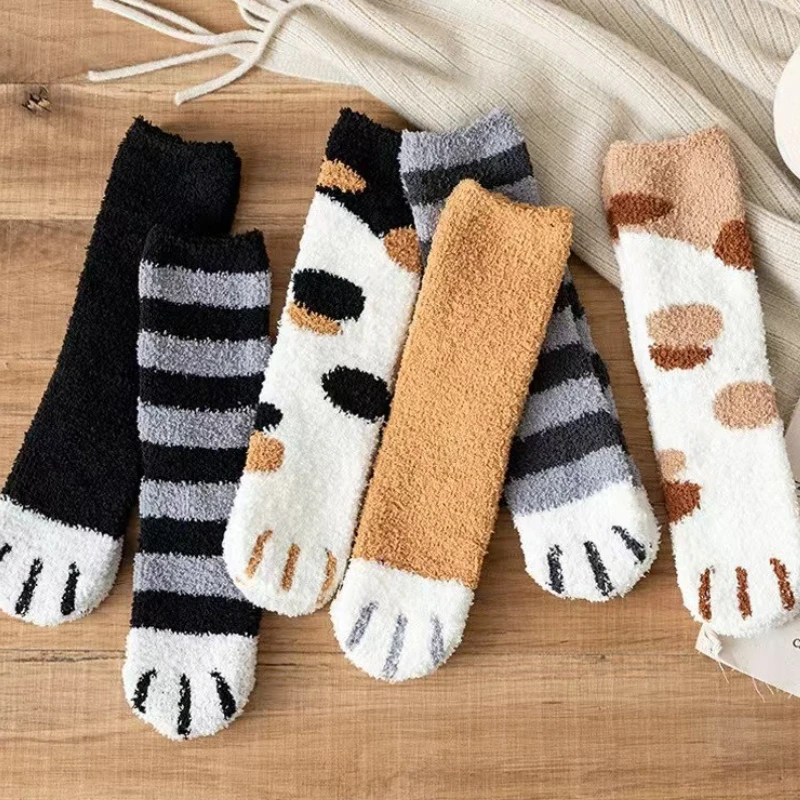 

1-20Pairs Cute Cat Paw Floor Socks Coral Velvet Thickened Fleece Mid-calf Socks Warm Indoor Socks for Women Fall Winter Wear