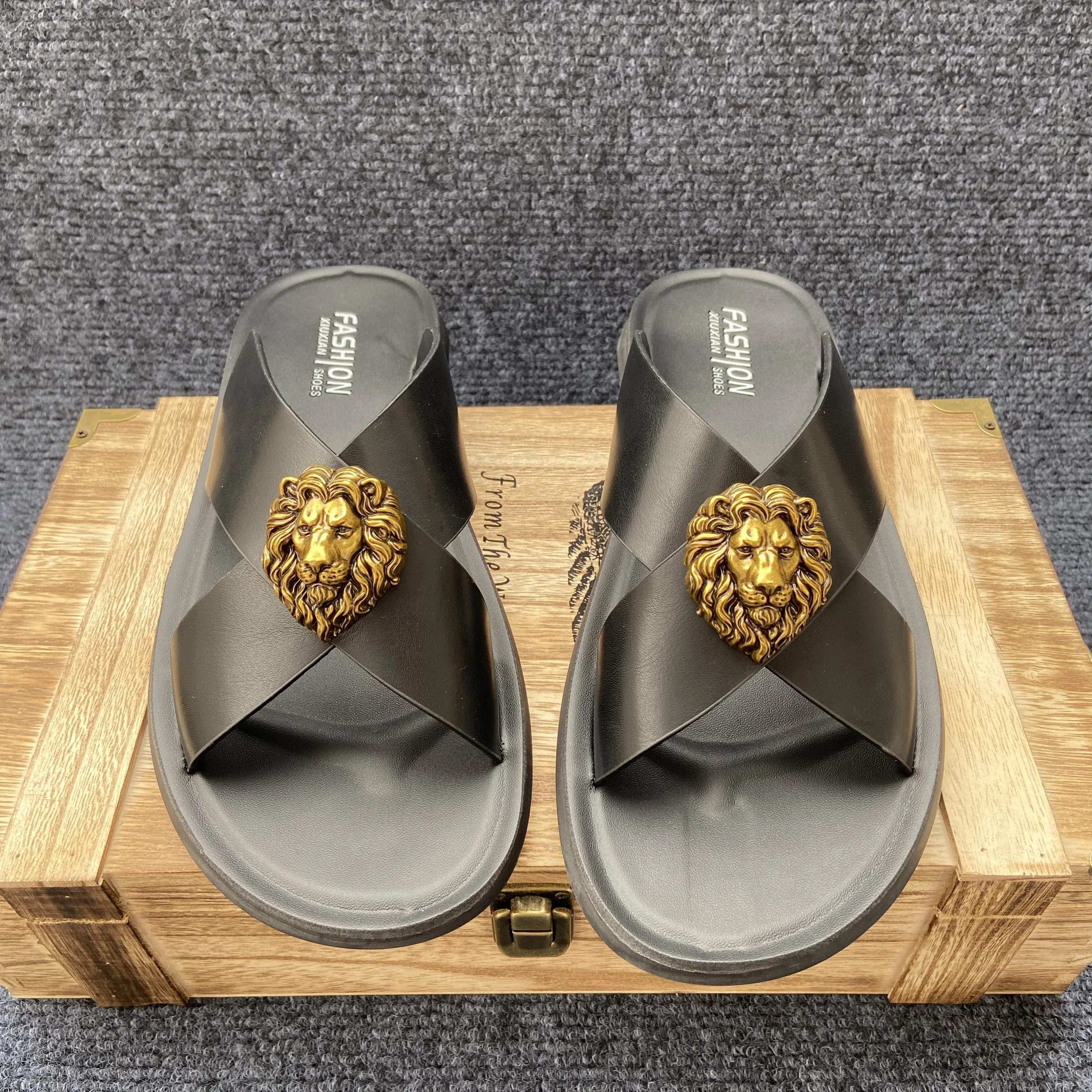 original shoes brand sandals luxury leather slippers for man British style slides for man Comfortable house slippers buty 38-48