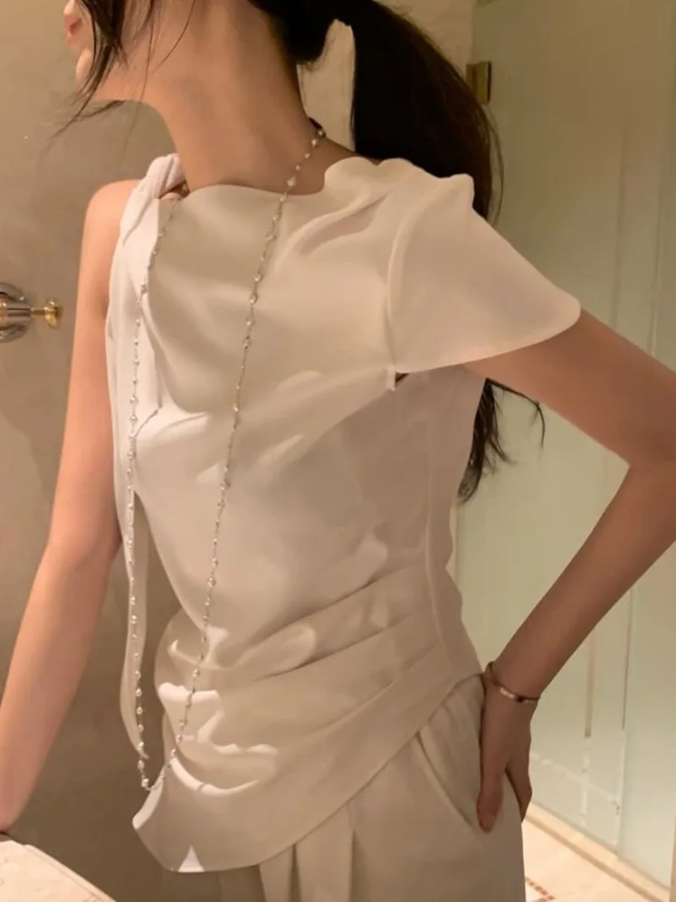 

Ele Draped irt Women's Summer New Chic Faion Versatile Slimming High-End Feeling Blouse Commute Sle ort Sve