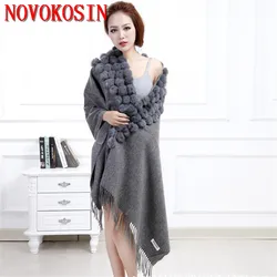 Real Cashmere Warm Triangle Rabbit Fur Ball Outerwear Women Shawl Cappa Winter Mother's Gift Tassel Wrap Loose Pompon Long Cloak