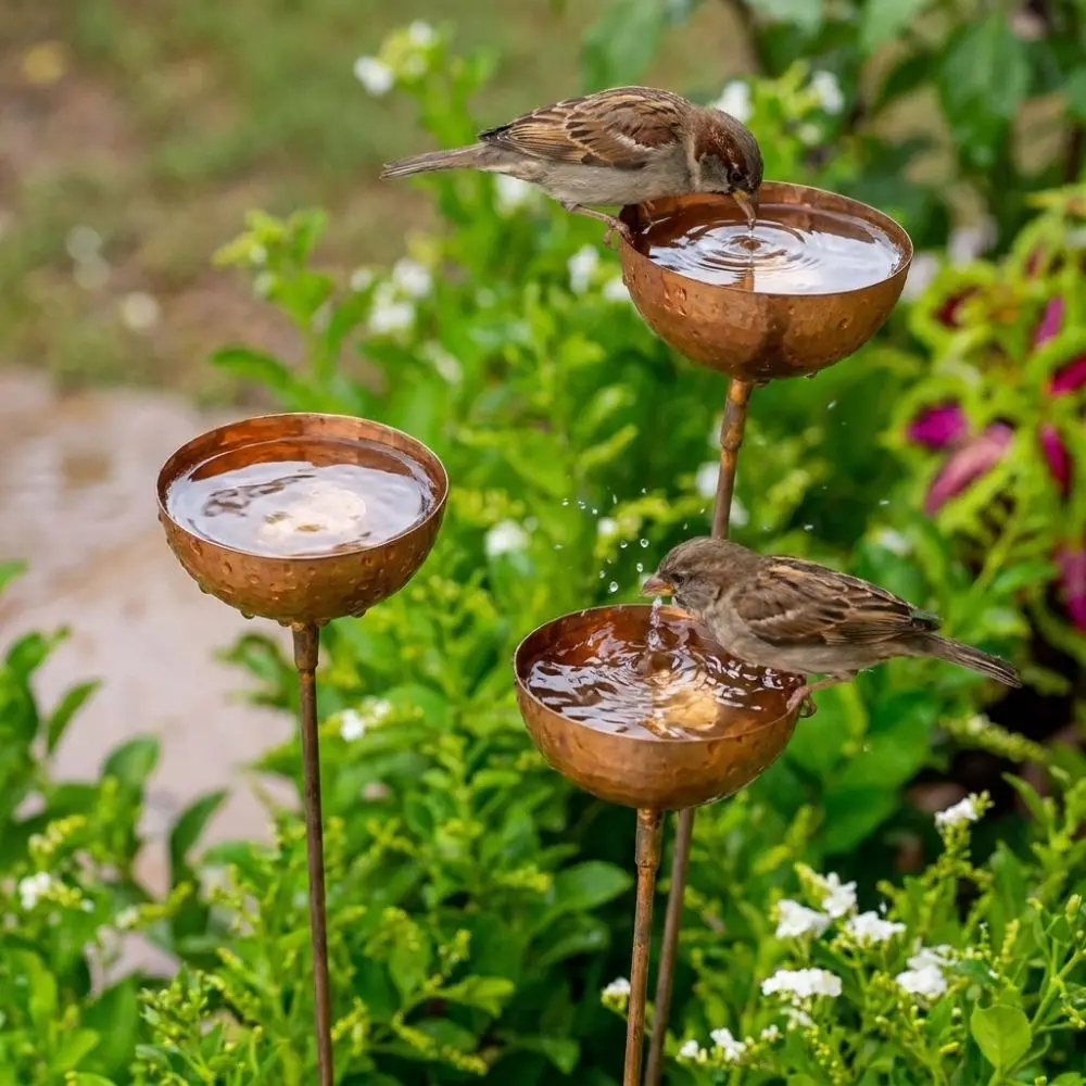 3-Tier Bowl Metal Bird Bath Long Stem Decorative Rusty Bird Feeder Vintage Weathered Garden Stake Rain Collectors Outdoor Garden