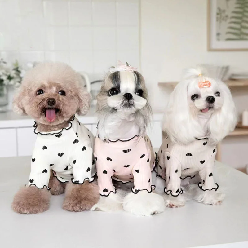 Autumn Winter Pet Undercoat Dog Clothes Cute Heart Print Waffle Home Vest Dog Cat Yorkshire Schnauzer Maltese New Year Christmas