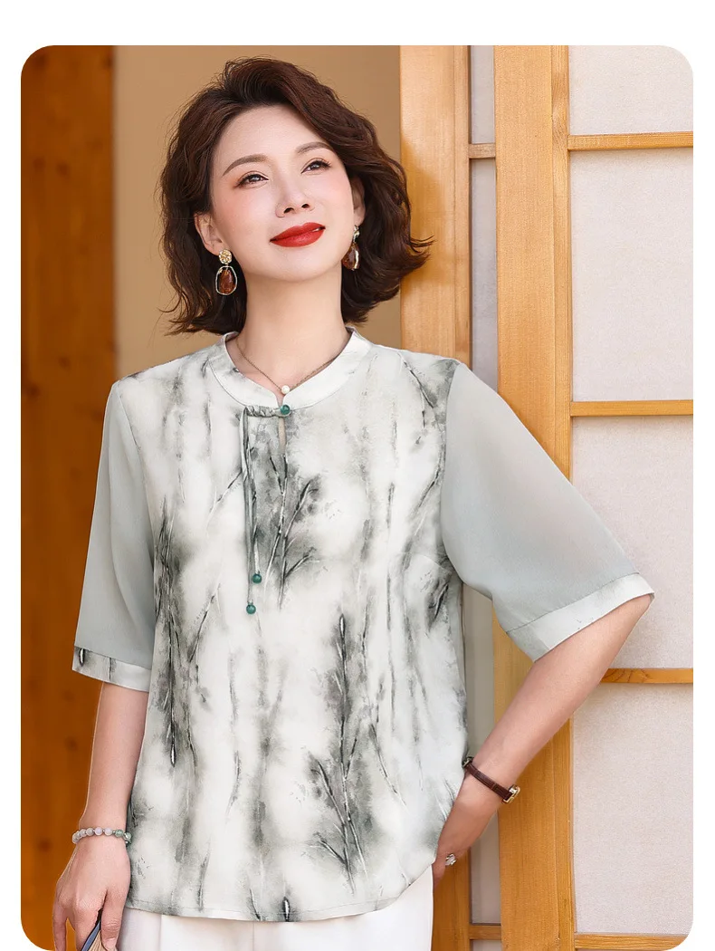 

Женская летняя Свободная рубашка с цветочным принтом, рубашка в китайском стиле с коротким рукавом и V-образным вырезом, Средний топ