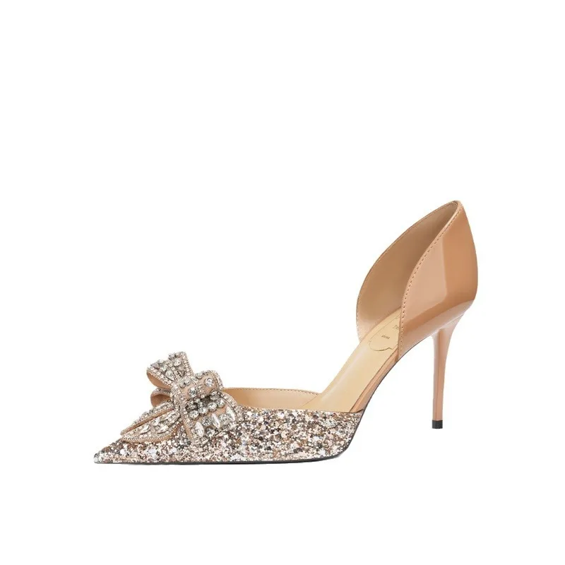 

Туфли из французской овчины, свадебные туфли с бантом, женские свадебные туфли на высоком каблуке-шпильке с острым носком и кристаллами, не уставшие таконы