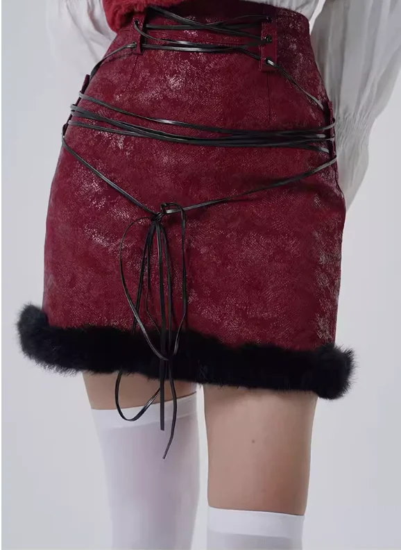 Autumn Winter New Fashion Lace-up Sexy Versatile Street Leather Skirt Personality Girl High Waist A-line Solid Color Punk Skirts