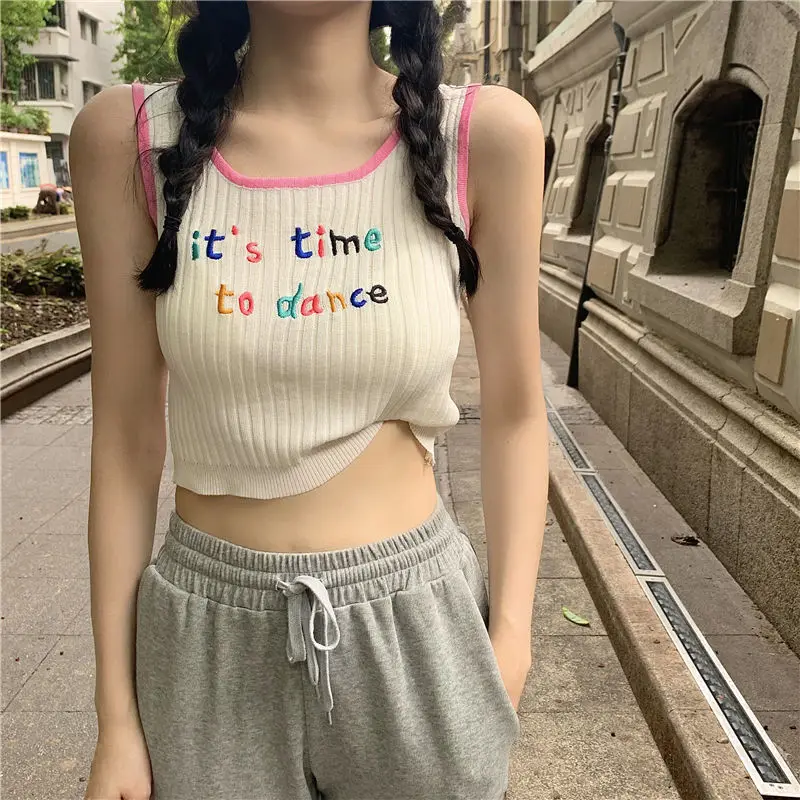 Ribbed Tank Top Crop Top Women\'s Short Cute Graphic Knit Kawaii T-Shirts Vest Summer Ladies Sleeveless Rainbow Letter Top Female