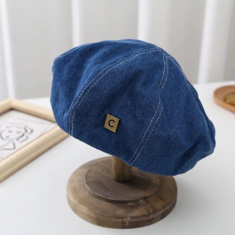 Denim Berets Hat Retro Casual Spring and Summer Shade Painter Cap Korean Alphabet Blue Beret Women\'s Hats LUXXETON