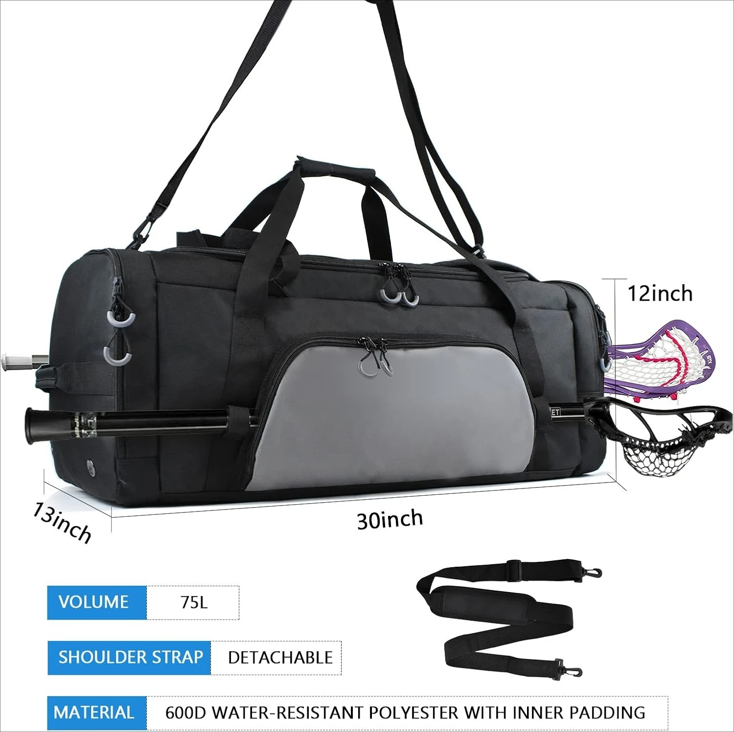 

Lacrosse Bag Backpack 65L / 75L, 2 Stick Holders, Separate Cleats Compartment, Adjustable Shoulder Straps, Large Capacity