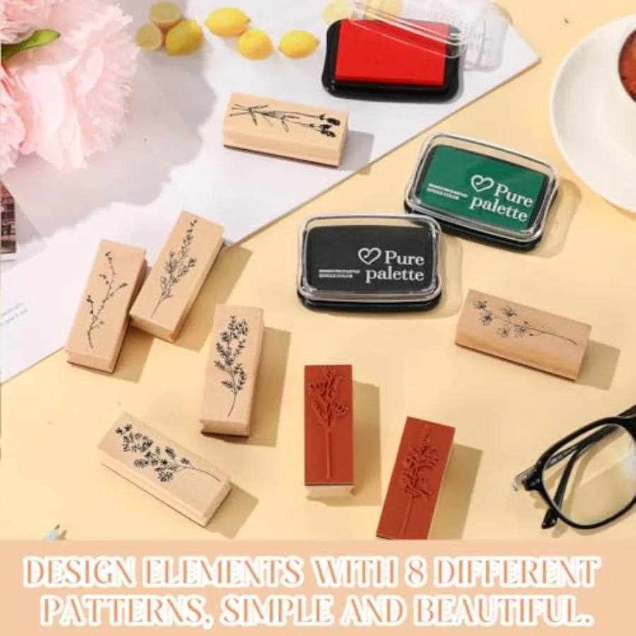 8 Pieces Vintage Rubber Stamps Decorative with 3 Colors Ink Pad Wooden Plant Flower Stamps Set for DIY Craft, Scrapbook, Letter view 3