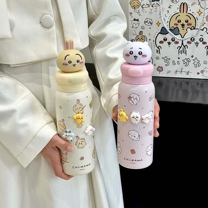 Kawaii Chiikawa Water Bottle Cute Insulated Tumbler with 3D Usagi and Chiikawa Topper Perfect for Daily Use view 3
