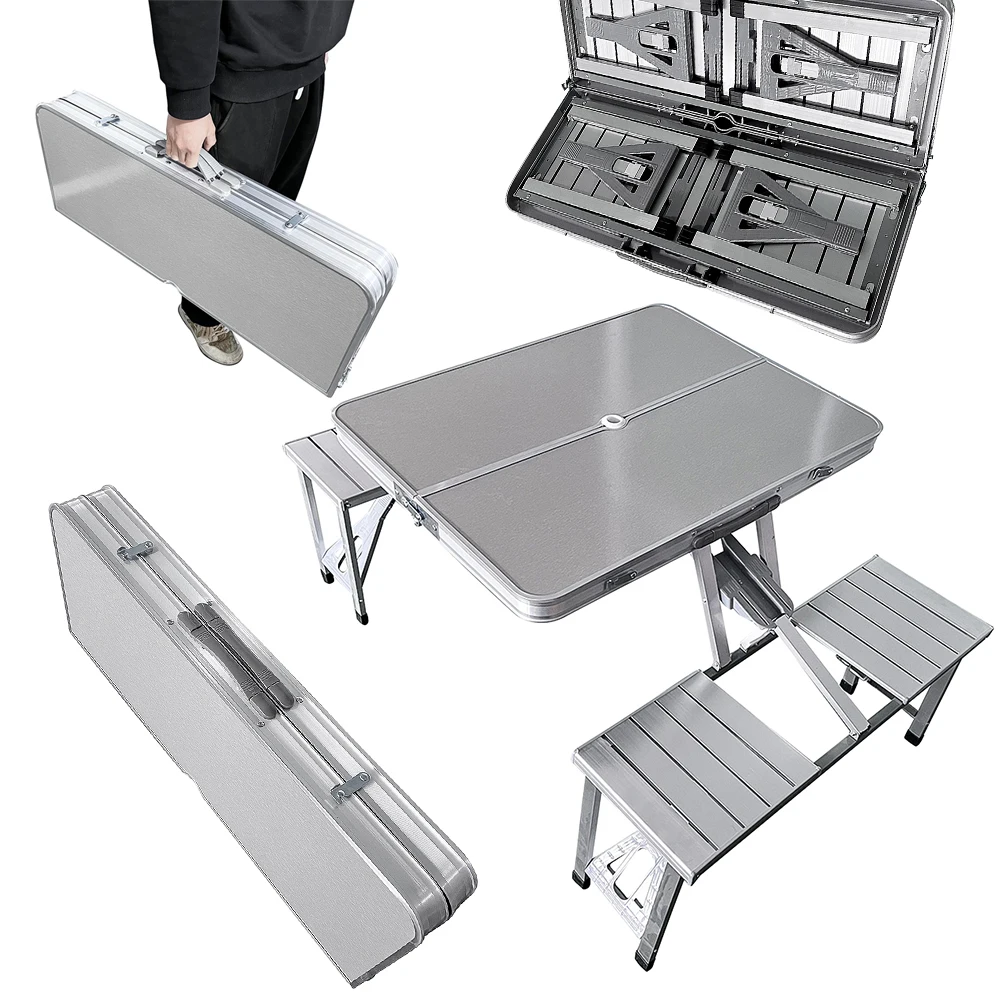

Aluminum Folding Picnic Table with 4 Seats Portable Camping Table with Bench Outdoor Suitcase Table for BBQ Picnic Hiking
