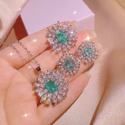 2022 NEW Trend Paraiba Round Full Diamond Pendant Necklace Stud Ring For Women Geometric Emerald Set of Three Wedding Jewelry