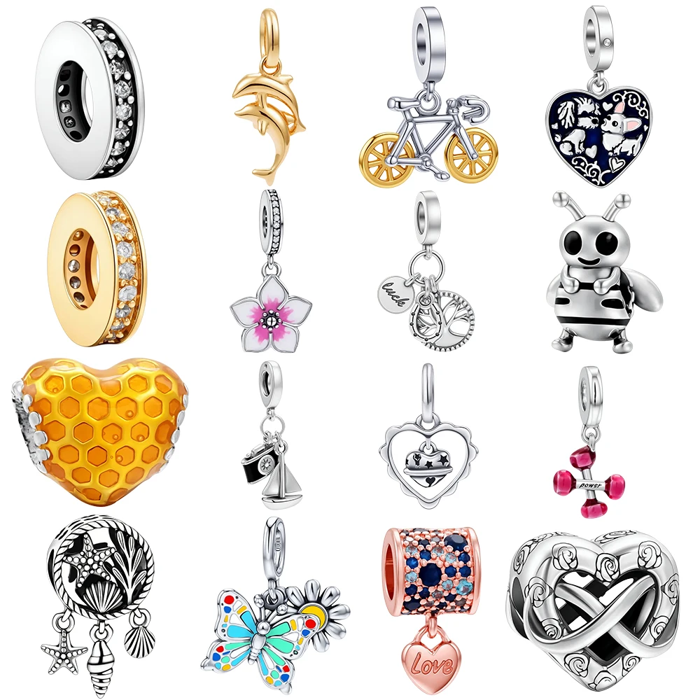 Original 925 Sterling Silver Charms Badminton Love Bee Camera Dolphin Beads Fit Brand Bracelets Necklaces Women DIY Jewelry