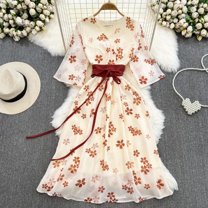 

Summer Elegant and Pretty Long Dress for Women Floral 3/4 Sleeve Lace Up Chic Female French Vestidos Thin Tulle traf New In 2023