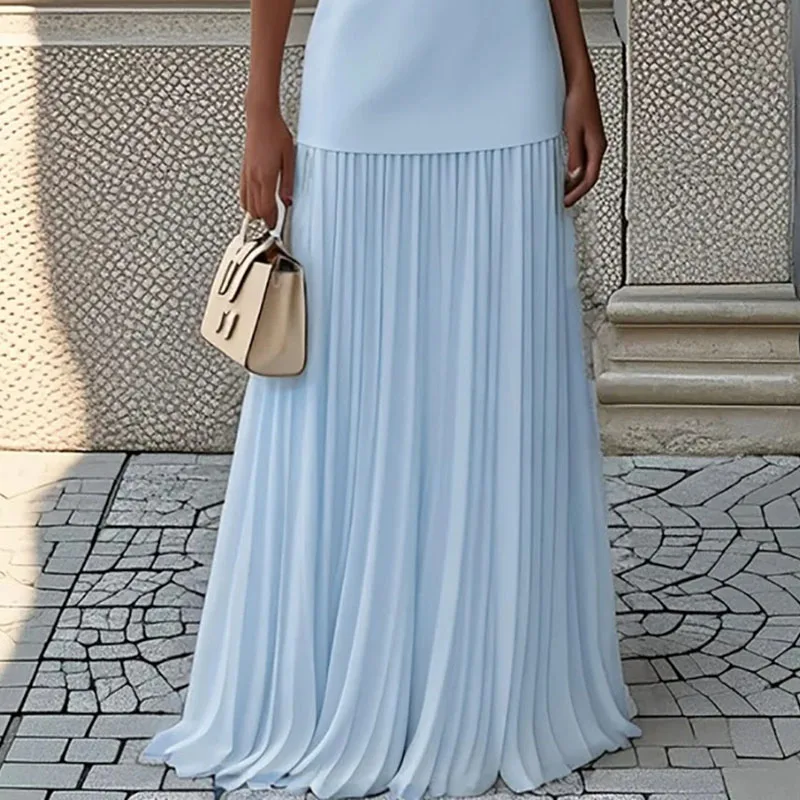 Vestidos largos sin mangas a la moda para mujer, Vestidos plisados empalmados con cuello redondo y temperamento, conjunto de dos piezas para fiesta de vacaciones y noche 2025