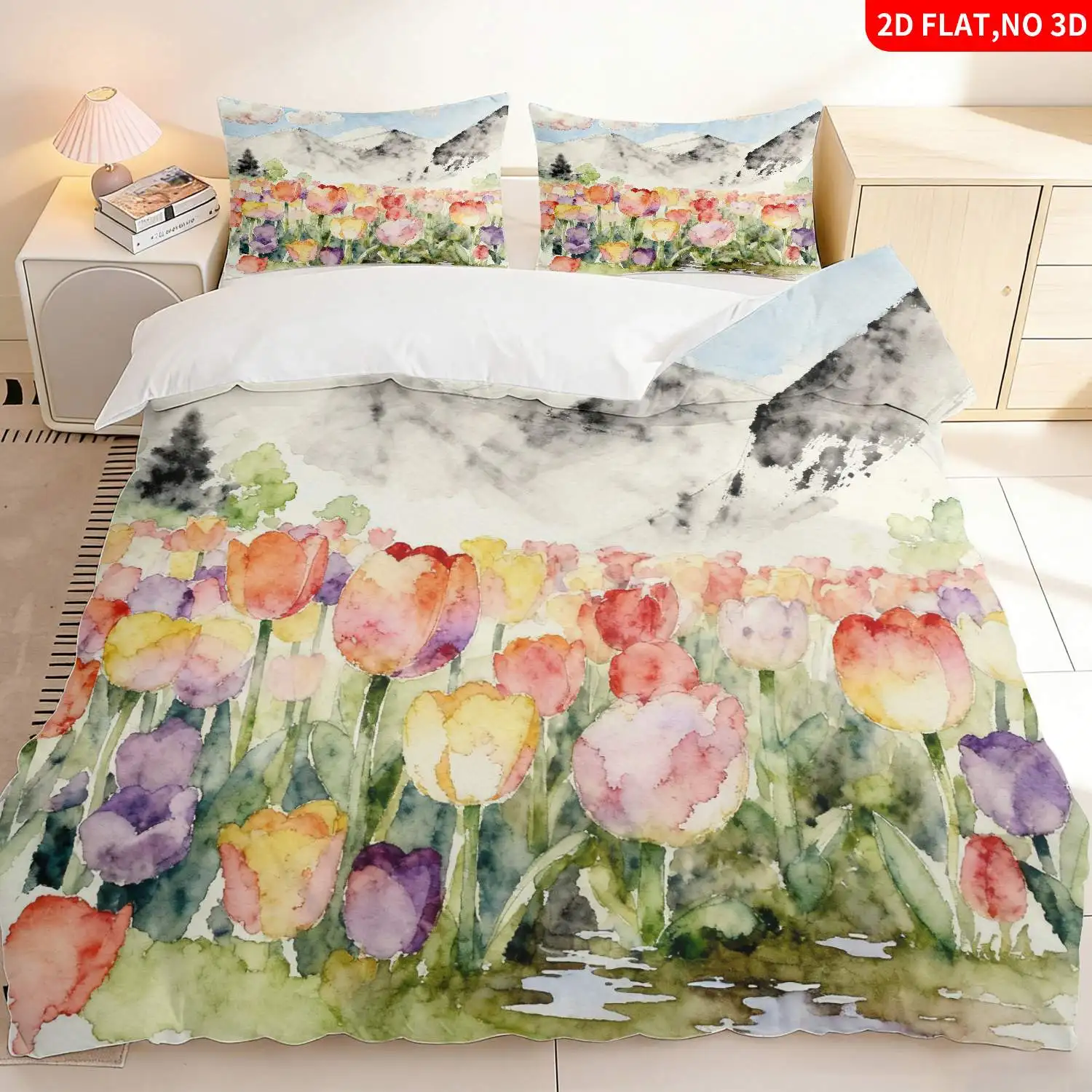 Zippered Duvet Cover Set, Flat Print Duvet Cover Three-Piece Set, Seasonal Tulip Bedspread Set, Three-Piece Bedding Set (1*Duvet Cover + 2*Pillowcases), Suitable for All Seasons, Machine Washable, Invisible Zipper Design, Large Double Bed Cover Set, Suitable for Home, Dormitory, Master Bedroom, Guest Room, Bedroom Decor Bedding, Hot-Selling Fantasy Style Duvet Cover Three-Piece Set