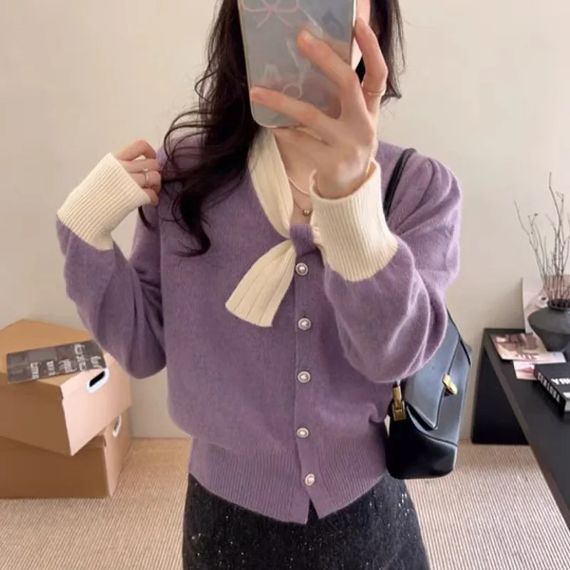 

Autumn Winter Soft Wool Elegant Bow V-neck Sweaters Women's Clothing Chic Button Loose Commute Warm Knitted Cardigan