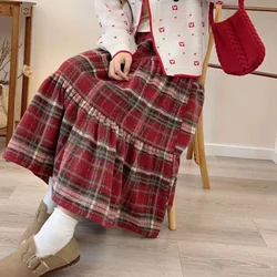 Autumn Winter Vintage Red Plaid Tweed Elastic High Waist Women Long Skirts Fashion Christmas A-Line Large Hem Pleated Cake Skirt