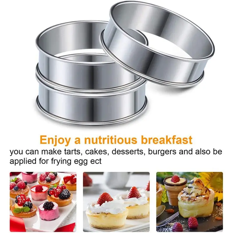 A74E-4 Inch Muffin Ring Crumpet Rings, Set Of 60 Stainless Steel Muffin Rings Moulds Double Rolled Tart Rings Round Tart Ring