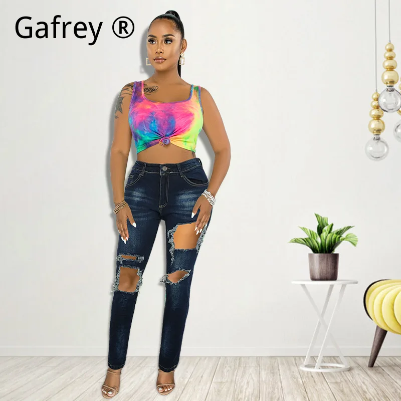 Women's Sexy Ripped Distressed Jeans Washed High Waist Drawstring Denim Pants Skinny Stretch Trousers Summer Streetwear Bottoms