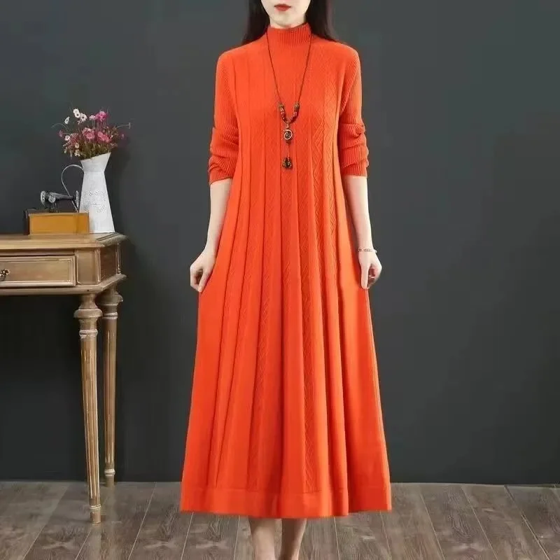 Autumn/Winter Women Knitted Dress 2025 New Solid Loose Pullover Half High Collar Long Knitted Sweater Dress Female High-Quality - Image 2