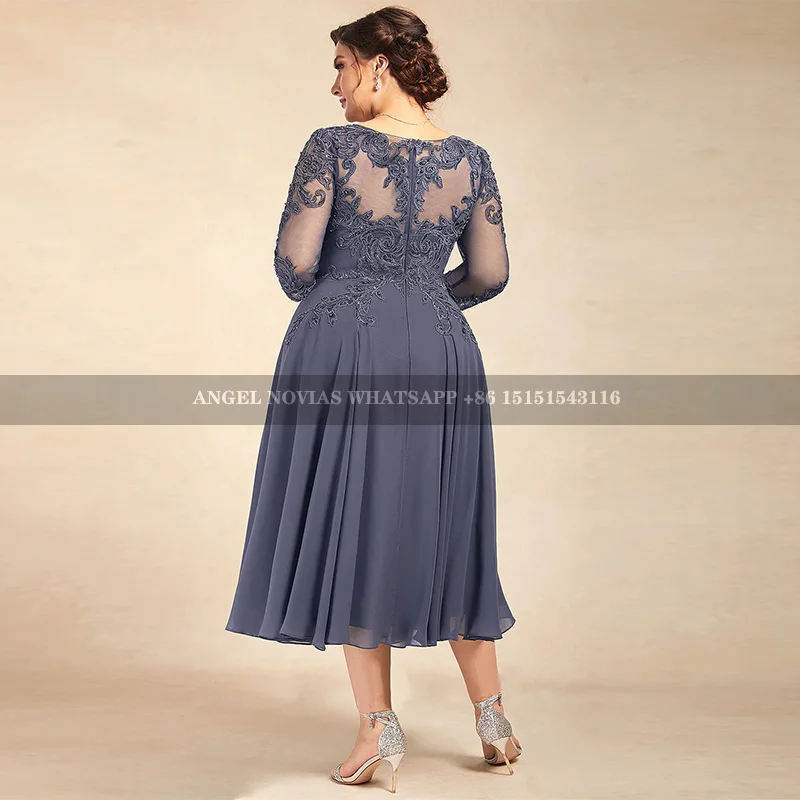 Plus Size Tea Length Navy Blue Mother of the Bride Dress for Wedding Party Dress vestido madre del novio largo y elegante