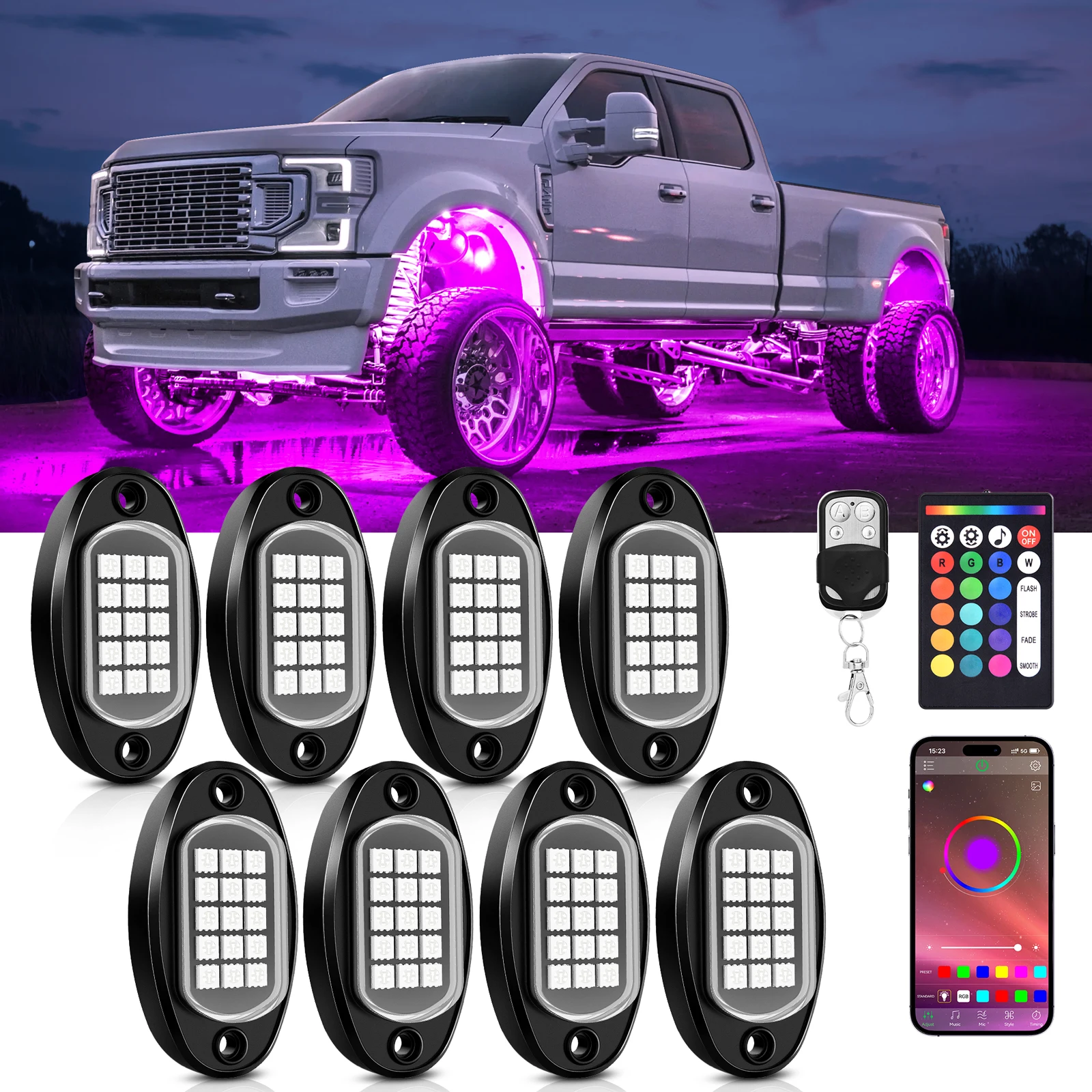 MICTUNING Rock Lights Waterproof Underglow LED Lights with APP/Remote Control & Music Mode for Pickup Car Off Road SUV ATV