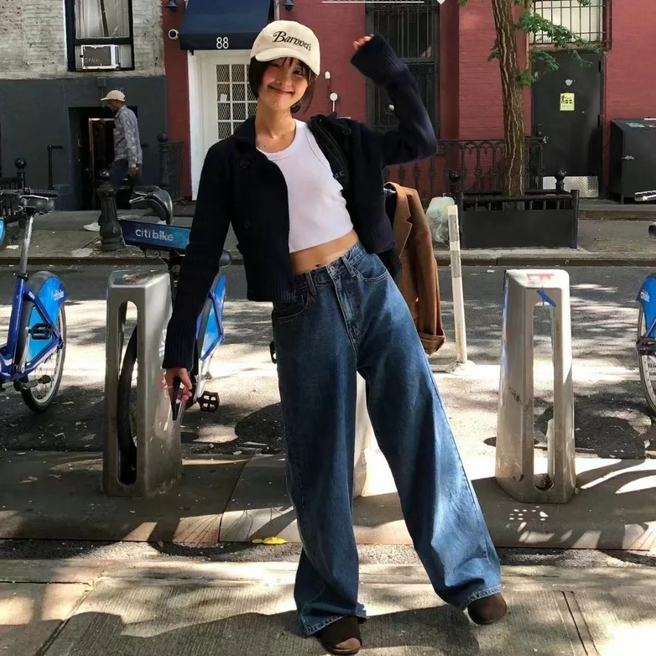 

TheBarn E8N2025 Spring Versatile Retro Blue Loose Slim Wide Leg Straight Jeans Women's High Waist Long Pants All Seasons