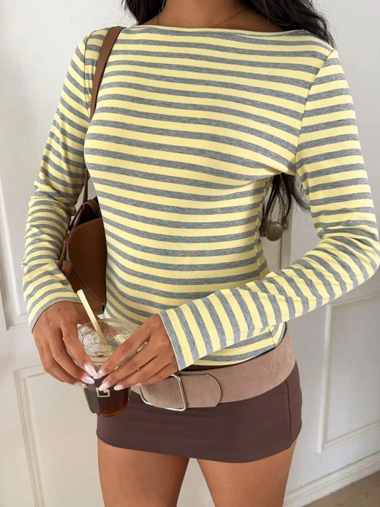 Women Autumn Contrasting Color Striped Long Sleeve T Shirt Slim Fit Light Fabric Versatile Simple Daily Casual Basic Blouse Top