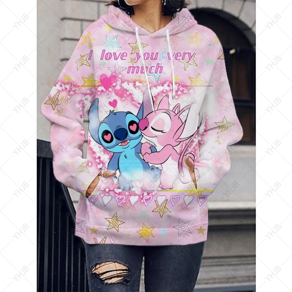 Disney Hoodie Fashion Stitch Angel Monster Pocket Sweatshirt Pullover Cute hoodies girls Women's Sweatshirt Cartoon Top y2k