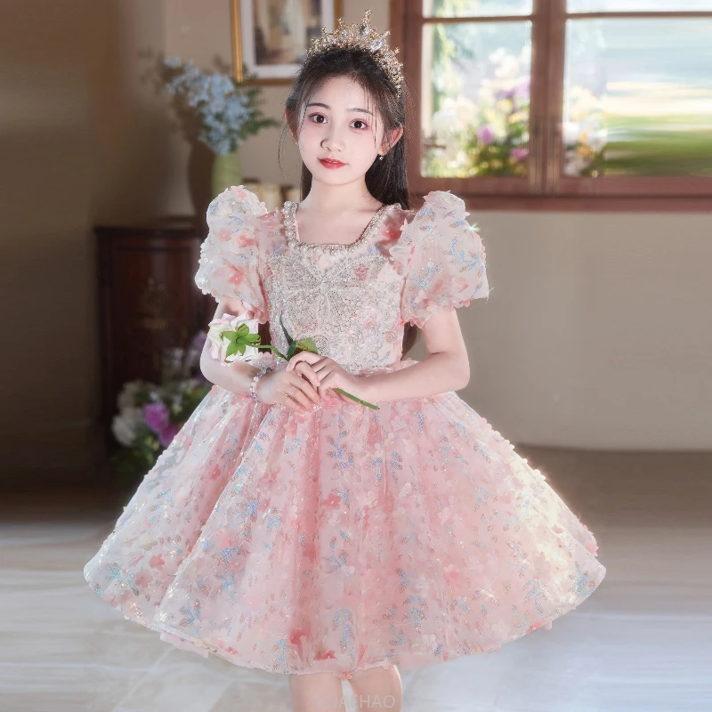 

2025 New Kids Princess Dress Pageant Gown Piano Recital Performance Children Clothes Summer Short Birthday Party Kids Outfit