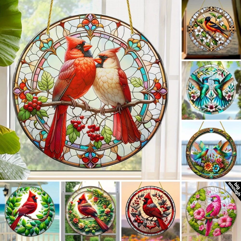 Vibrant Cardinal Bird Sun Catcher-decoración colgante para ventana de plástico teñido de colores, letrero Circular acrílico, adorno de guirnalda