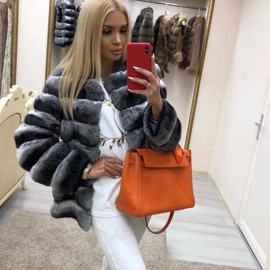 Women Luxury Real Rex Rabbit Fur Short Jacket Chinchilla Fur Colour Luxury Brands Genuine Fur Coat