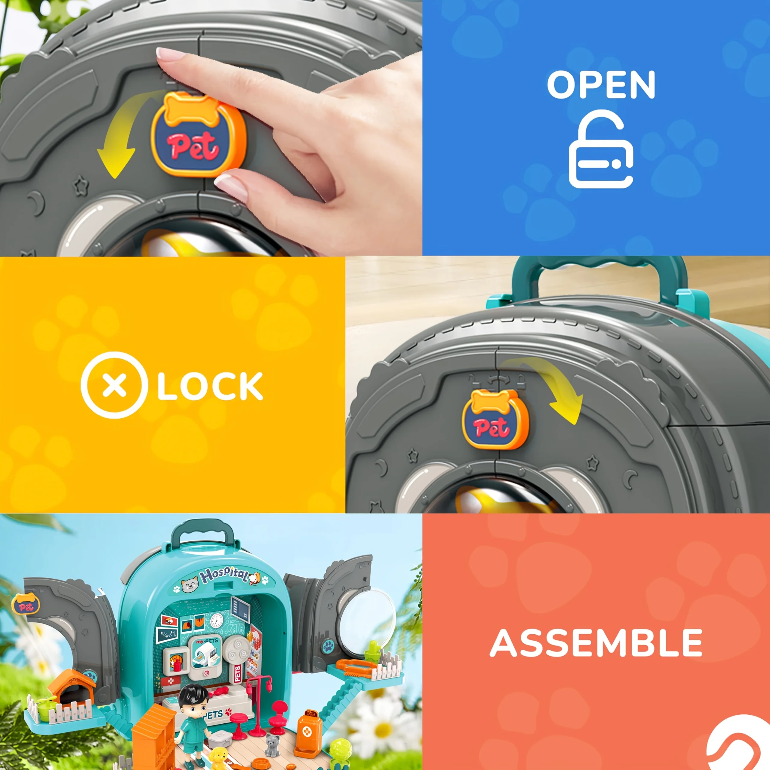 مجموعة لعب للعناية بالحيوانات الأليفة 3 في 1 - حقيبة ظهر بيطرية للتظاهر ومجفف الشعر والمستشفى (يتضمن الملحقات)، لعبة تفاعلية للأطفال