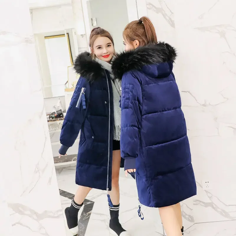 Women\'s Winter Coat Gold Velvet Jacket Parka Mid Length Hooded Jacket Warmth Free Shipping Korean Fashion Wholesale Plus Size