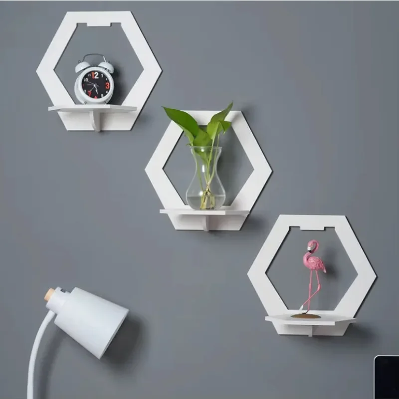 Wall Mounted Hexagon Home Decorative Storage Rack Shelf TV Background Hanger Bedroom Balcony Bedside Flower Pot Stand Shelves