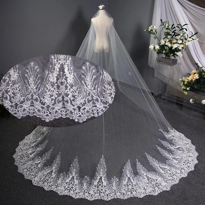 

New Long Bride Veil Wedding Veil Luxurious Applique Bridal Accessories Veu De Noiva Ivory 3.8M Lace Edge