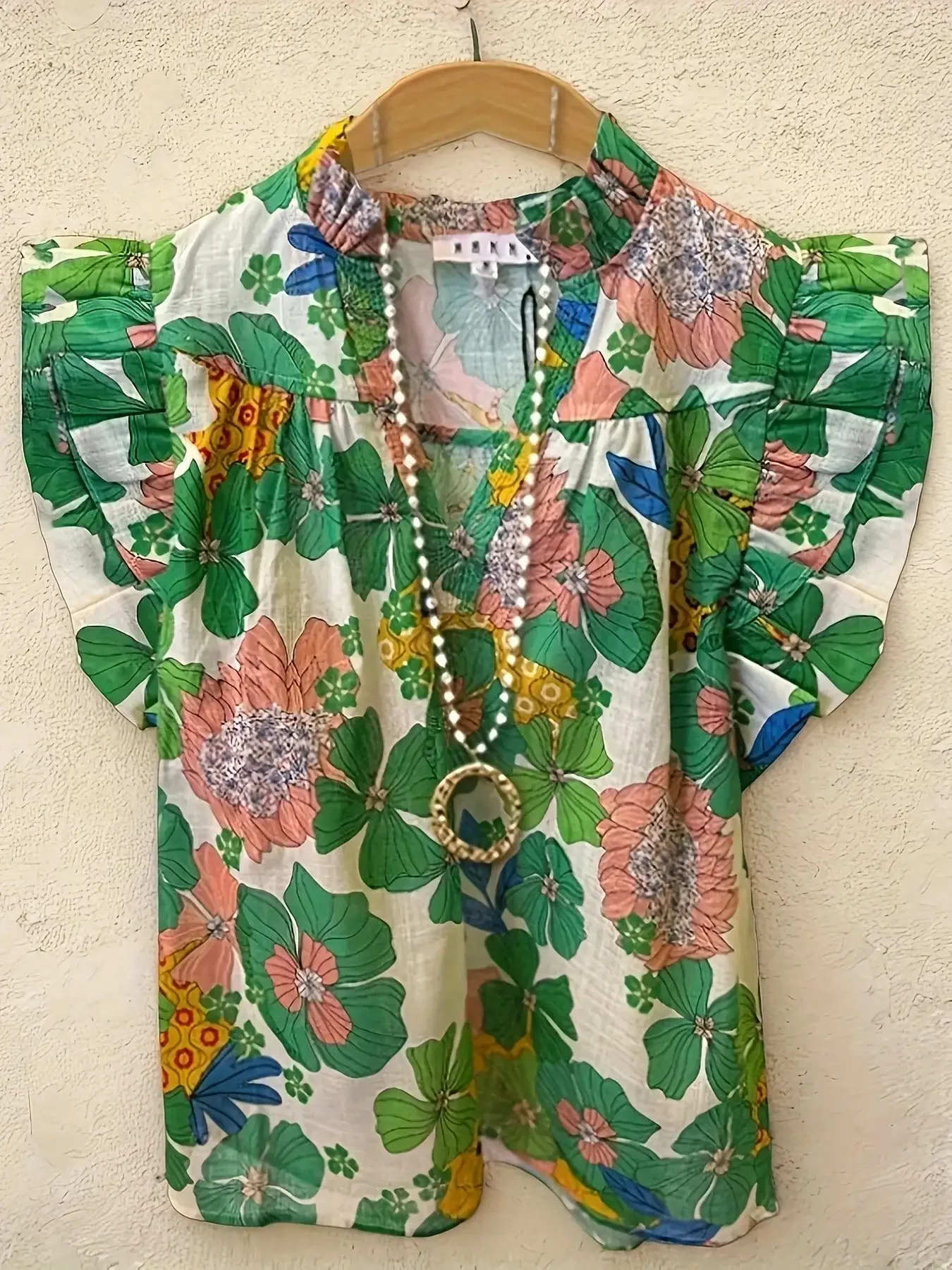 

Floral Print Ruffle Sleeve V-Neck Top For Women Spring Summer Casual