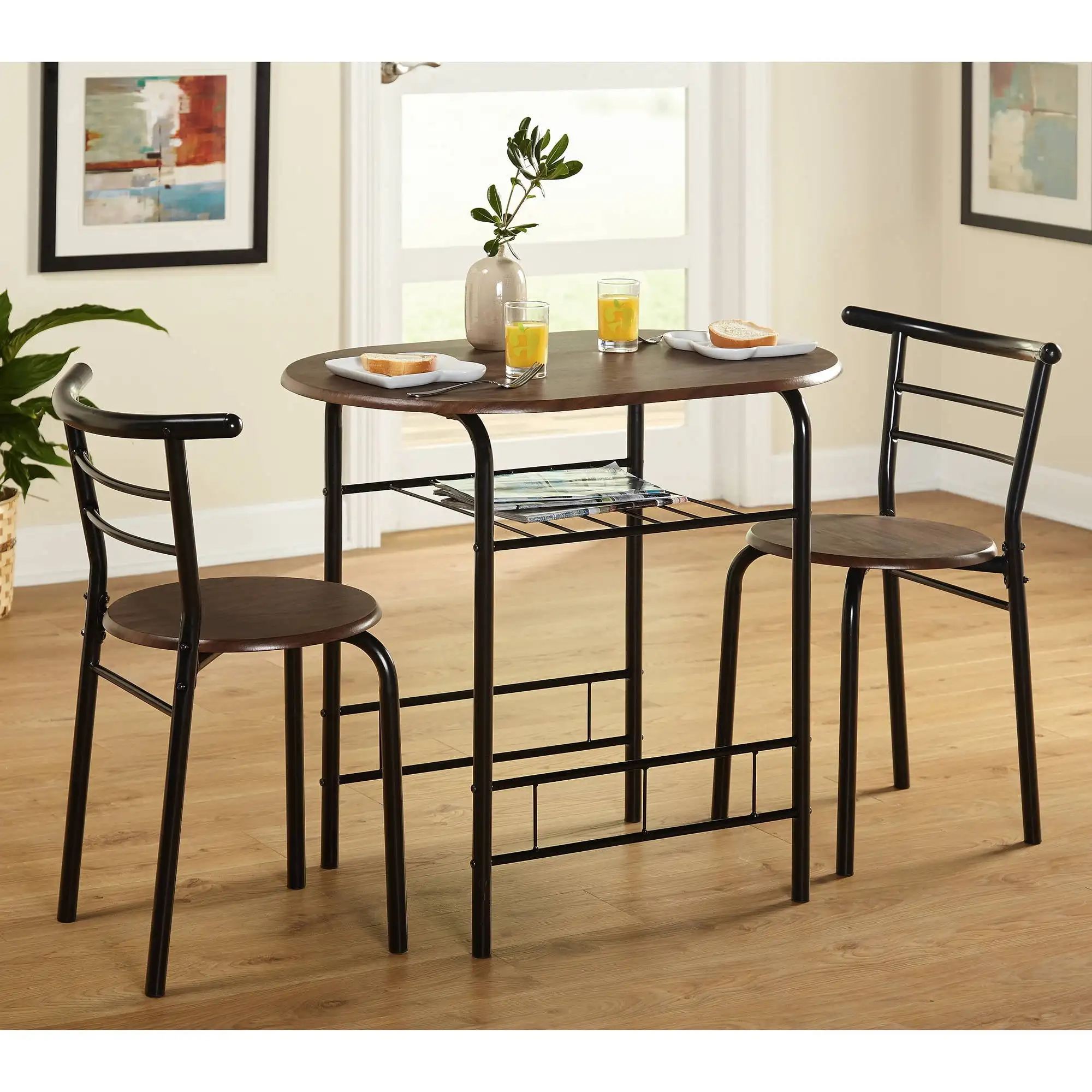 3 - Piece Bistro Dining Set Pub Table Set w/ 2 Stools Iron Frame Counter Height Dining Table Sets, Espresso