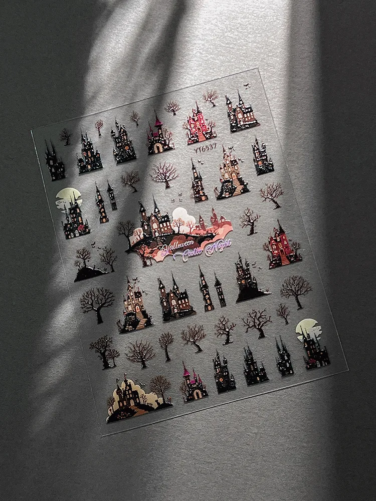 

1pcs 5D Black Castle Nail Stickers Halloween Horror Nail Art Charms Decorations Decals DIY Manicure Adhesive Slider